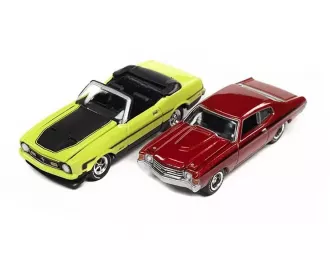 FORD Mustang Convertible (1972), bright lime/black, CHEVROLET Chevelle SS Heavy Chevrolet, Orange Flame & Black Side Stripe