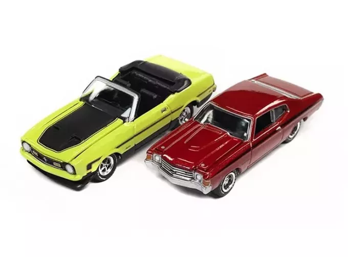 FORD Mustang Convertible (1972), bright lime/black, CHEVROLET Chevelle SS Heavy Chevrolet, Orange Flame & Black Side Stripe