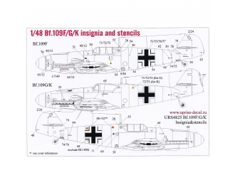 Декаль для Bf.109F/G/K, символика и тех. надписи