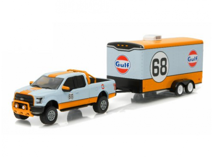 FORD F-150 "Gulf Oil" #68 с прицепом Car Hauler (2015), blue / orange