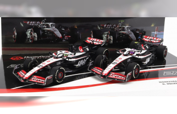 HAAS F1 Set 2x Fw23 Team Moneygram Haas N20 Season (2023) Kevin Magnussen + N 27 Season (2023) Nico Hulkenberg, White Black Red