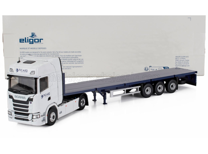 SCANIA S500 Truck Rimorchio Pianale Picard Transports 2021, White Blue