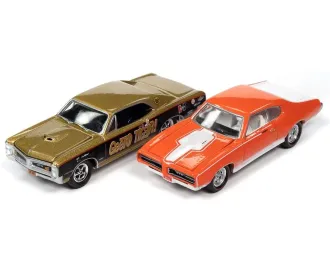 Набор из двух моделей PONTIAC GTO, tiger gold with black sides and GeeTO Graphics & (1969)& PONTIAC GTO Royal Bobcat, orange body with white stripes & hood (1966)