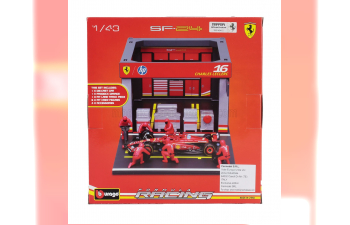 FERRARI F1 Sf-24 Diorama Garage Pit-stop Team Scuderia Ferrari №16 Season (2024) Charles Leclerc With Crew Figure And Accessories, Red Black
