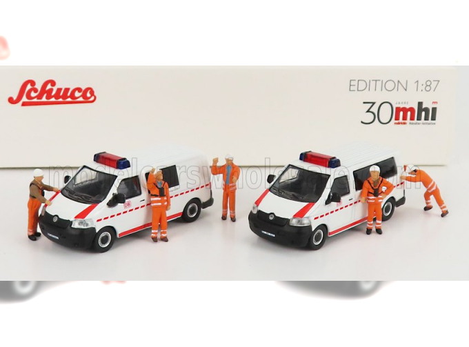 VOLKSWAGEN Set 2x T5 Minibus With Figures (2010), White Orange