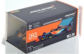 McLAREN F1 Mcl36 Mercedes Team Mclaren N 3 Australian Gp 2022 Daniel Ricciardo - With Helmet And Plastic Showcase, Orange Light Blue