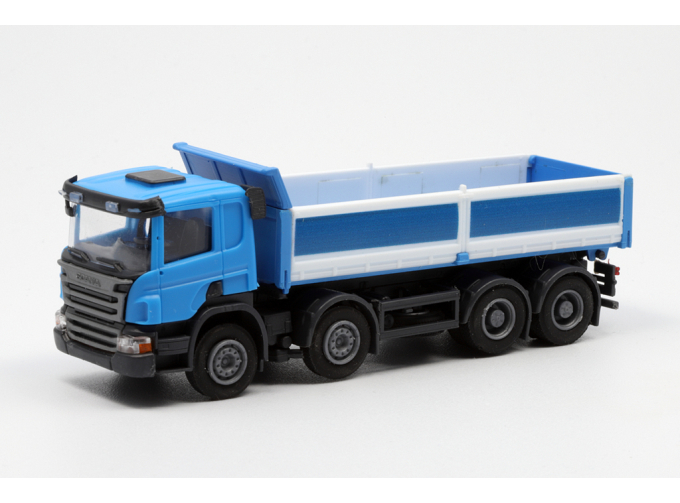 SCANIA P 8х4 самосвал с стальными бортами, голубой/белый с голубым