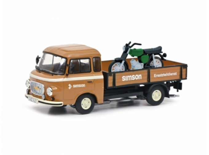 BARKAS B1000 коричневый бортовой Simson Ersatzteildienst с зеленым мотоциклом Simson S51 в кузове