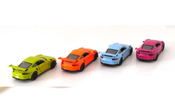 PORSCHE 911 (991) GT3 RS set with 12 Pullback modelcars, light-green, light-orange, light-blue pink