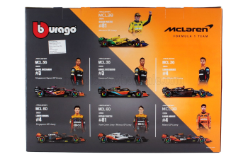 Набор из семи моделей McLAREN Set F1 7x F1 Mcl36 Team Mclaren N 4 2022 + 2x N 3 Daniel Ricciardo - Mcl60 N 4 2023 Lando Norris + N 81 Oscar Piastri - Mcl38 N 4 4th Monaco Gp 2024 Lando Norris + N 81 Oscar Piastri, Orange Black