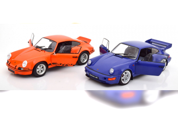 PORSCHE 911 RSR and 964 RS set with 2 modelcars orange / black and blue