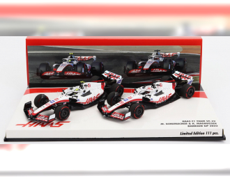 HAAS F1  Set 2x Vf-22 Ferrari Team Haas N 20 5th Bahrain Gp 2022 Kevin Magnussen + N 47 Bahrain Gp 2022 Mick Schumacher, White Black Red