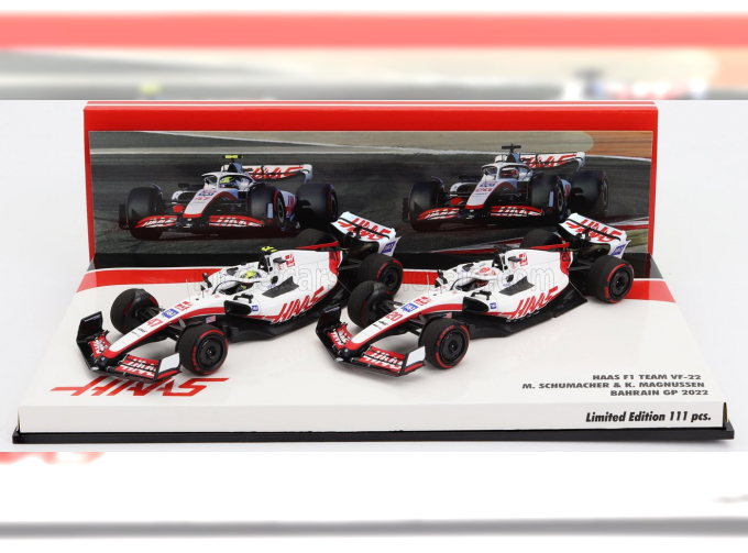 HAAS F1 Set 2x Vf-22 Ferrari Team Haas N 20 5th Bahrain Gp 2022 Kevin Magnussen + N 47 Bahrain Gp 2022 Mick Schumacher, White Black Red