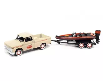 CHEVROLET Stepside Pickup (1965), белый с прицепом и лодкой специальное издание Джонни Лайтнинг