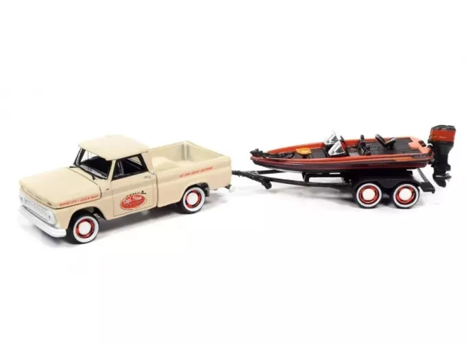 CHEVROLET Stepside Pickup (1965), белый с прицепом и лодкой специальное издание Джонни Лайтнинг