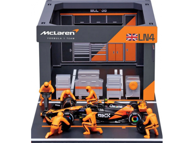 McLAREN MCL38 diorama garage pit-stop team Mclaren №4 season (2024) Lando Norris with crew figure and accessories - orange black (2024)