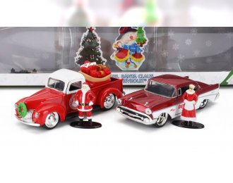 FORD Set Holiday Rides 2022 - Pick-up (1941) With Chevrolet Bel Air (1957) With Santa Claus (babbo Natale) & Mrs. Santa Claus Figures, Red Met White