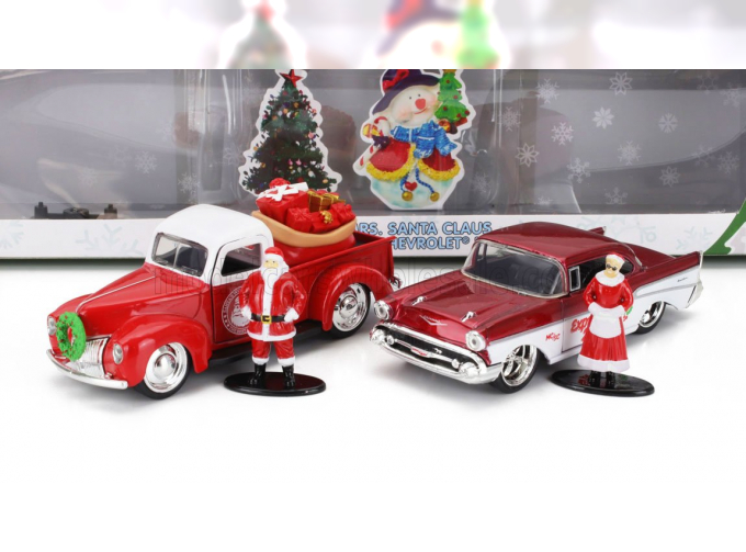 FORD Set Holiday Rides 2022 - Pick-up (1941) With Chevrolet Bel Air (1957) With Santa Claus (babbo Natale) & Mrs. Santa Claus Figures, Red Met White