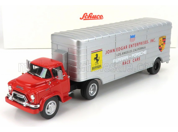 GMC Truck Car Transporter Team John Edgard Enterprises Inc. Los Angeles California Ferrari - Porsche Race Cars 1950, Red Silver