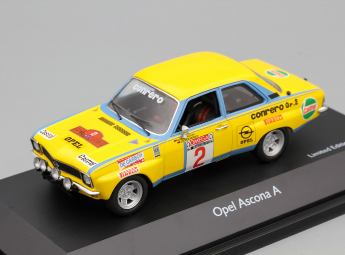 OPEL Ascona A «Conrero» №2 Elba rally (Walter Rohrl - J.Berger) 1975, yellow / blue