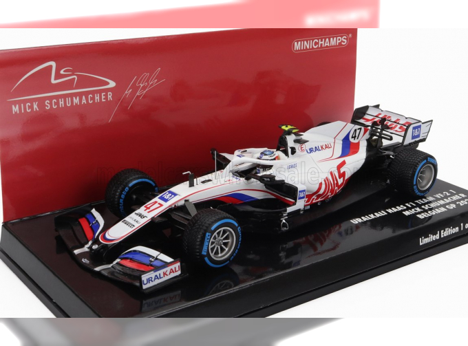 HAAS F1 Vf-21 Ferrari 065/6 Team Uralkali №47 Belgium Gp (2021) Mick Schumacher, White Blue Red