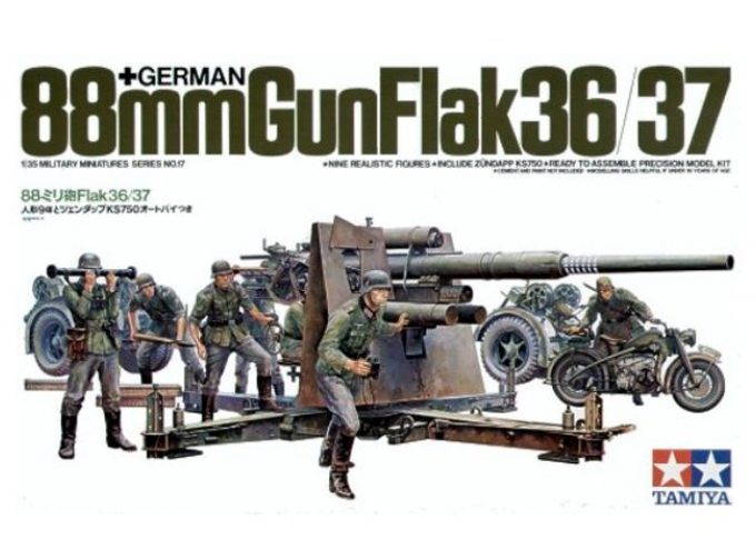 Сборная модель 88-мм пушка 2 вар-та сборки: Gun Flak 36-противотанк. Gun Flak 37-противсамолетов мотоциклист и 8 фигур