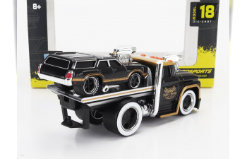 CHEVROLET C-60 Flatbed Car Transporter (1966) With OLDSMOBILE Vista Cruiser Custom (1970), Black Gold