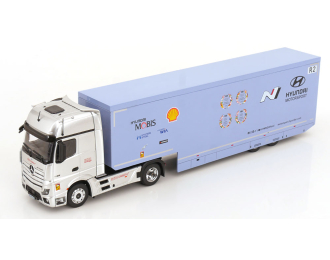 MERCEDES BENZ Actros Mp4 1851 Bigspace Truck - Car Transporter Team Hyundai Team Shell Mobis Wrt Rally (2024), Light Blue White