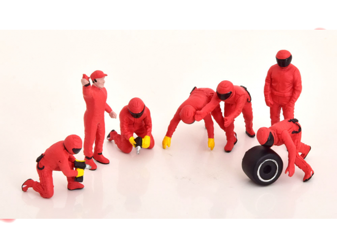 FIGURES F1 Set 2 2022 - Diorama Pit-stop Set 7 X Meccanici - Mechanics - With Decals, Red