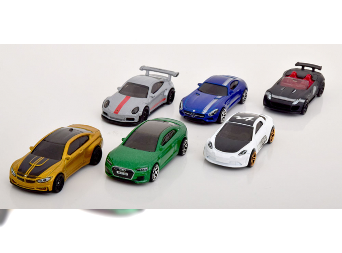 EUROPEAN SPORTCAR SET Jaguar F-Typ, BMW M4, Audi RS5, Mercedes AMG GT Porsche 911 GT3 RS Renault Alpine A110 in gift Box