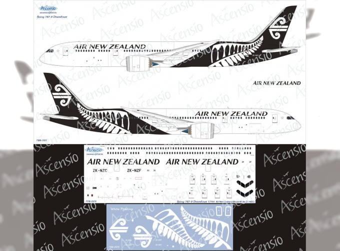 Декаль на самолёт боенг 787-9 (Air New Zealand(Black-White) )