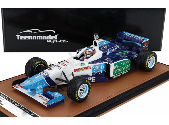 BENETTON F1 B196 Team Renault Mild Seven №3 Brazilian Gp Rain Tires (with Pilot Figure) (1996) Jean Alesi, White Light Blue Green