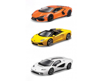 LAMBORGHINI Set 3x Revuelto Hybrid (2023) - Aventador Roadster (2018) - Countach Lpi 800-4 (2021), Orange Yellow White