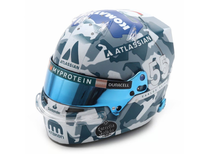 BELL HELMET Casco Helmet F1 Carlos Sainz Team Atlassian Williams Racing №55 British Gp (2025), Light Blue White