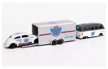 VOLKSWAGEN Van Samba Dark Gray Metallic / White + Volkswagen Beetle White Metallic + Enclosed Car Trailer Silver "Toyo Tires" "Team Haulers"