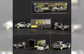 FORD Bronco (2021) With Trailer Car Transporter + FORD Mustang Gt Coupe Rtr Vehicles (2015), Grey Yellow