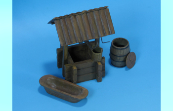 Wooden Water Well with wooden bucket, wooden barrel and cast ironbathtub.