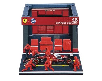 FERRARI F1 SF-25 diorama garage pit-stop Team Scuderia Ferrari №16 Season (2025) Charles Leclerc with crew figure and accessories