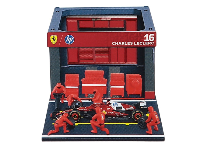 FERRARI F1 SF-25 diorama garage pit-stop Team Scuderia Ferrari №16 Season (2025) Charles Leclerc with crew figure and accessories
