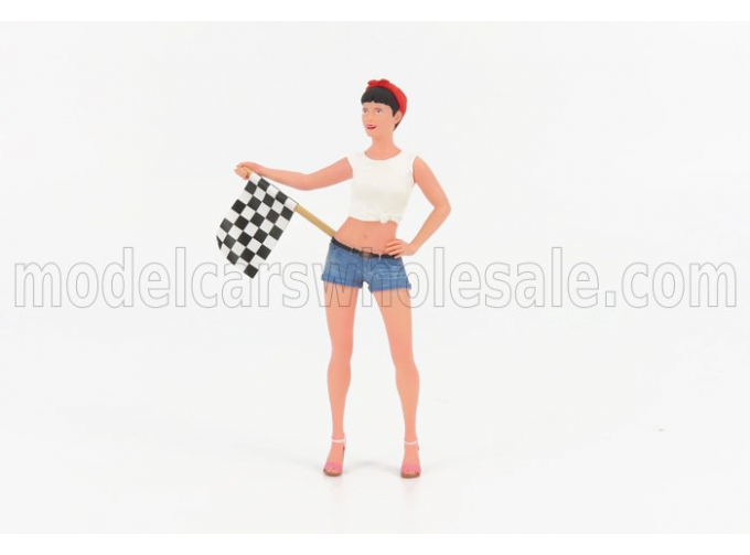 FIGURES RACING GIRL - RAGAZZA CON BANDIERA A SCACCHI PINK WHITE BLUE