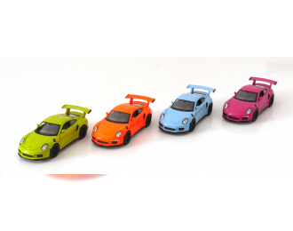 PORSCHE 911 (991) GT3 RS set with 12 Pullback modelcars, light-green, light-orange, light-blue pink