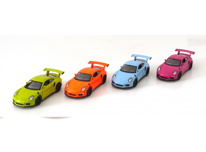 PORSCHE 911 (991) GT3 RS set with 12 Pullback modelcars, light-green, light-orange, light-blue pink