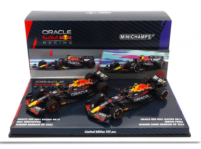 RED BULL Set 2x F1 Rb19 Team Oracle Red Bull Racing №1 World Champion Winner Bahrain Gp (2023) Max Verstappen + N 11 Winner Saudi Arabia Gp 2023 Sergio Perez, Matt Blue