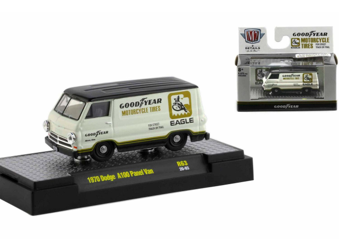 DODGE A100 Panel Van "Goodyear Motorcycle Tires" 1970, Wimbledon White with Black Top and Gold Stripes