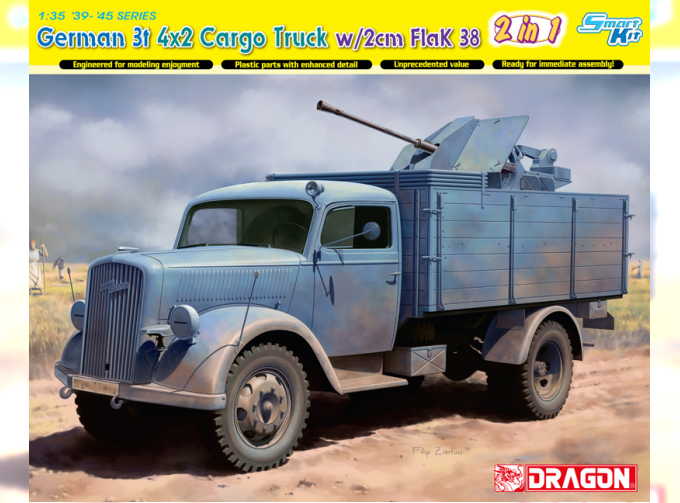 Сборная модель Немецкий грузовик German 3t 4x2 Truck w/2cm FlaK 38 (2 in 1)