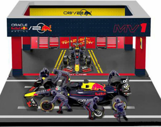 RED BULL F1 Rb19 Diorama Garage Pit-stop Team Oracle Red Bull Racing №1 World Champion Season (2023) Max Verstappen With Crew Figure And Accessories, Blue Yellow Red