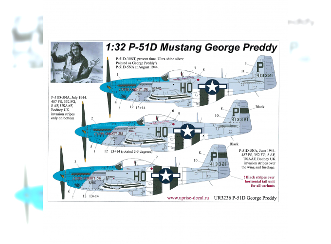 Декаль для P-51D-5/30 Mustang George Preddy, с тех. надписями