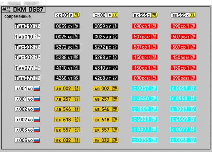 Набор декалей Номерные знаки России набор г. Санкт-Петербург (100х70)