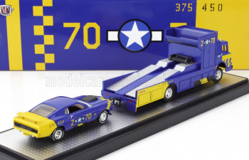 FORD C-950 Truck Car Transporter (1970) With Mustang Boss 429 Coupe №70 Racing (1970), Blue Yellow