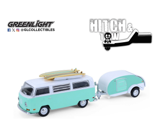 VOLKSWAGEN T2 с досками для серфинга и с прицепом-кемпером "капля" (1971), Blue/White